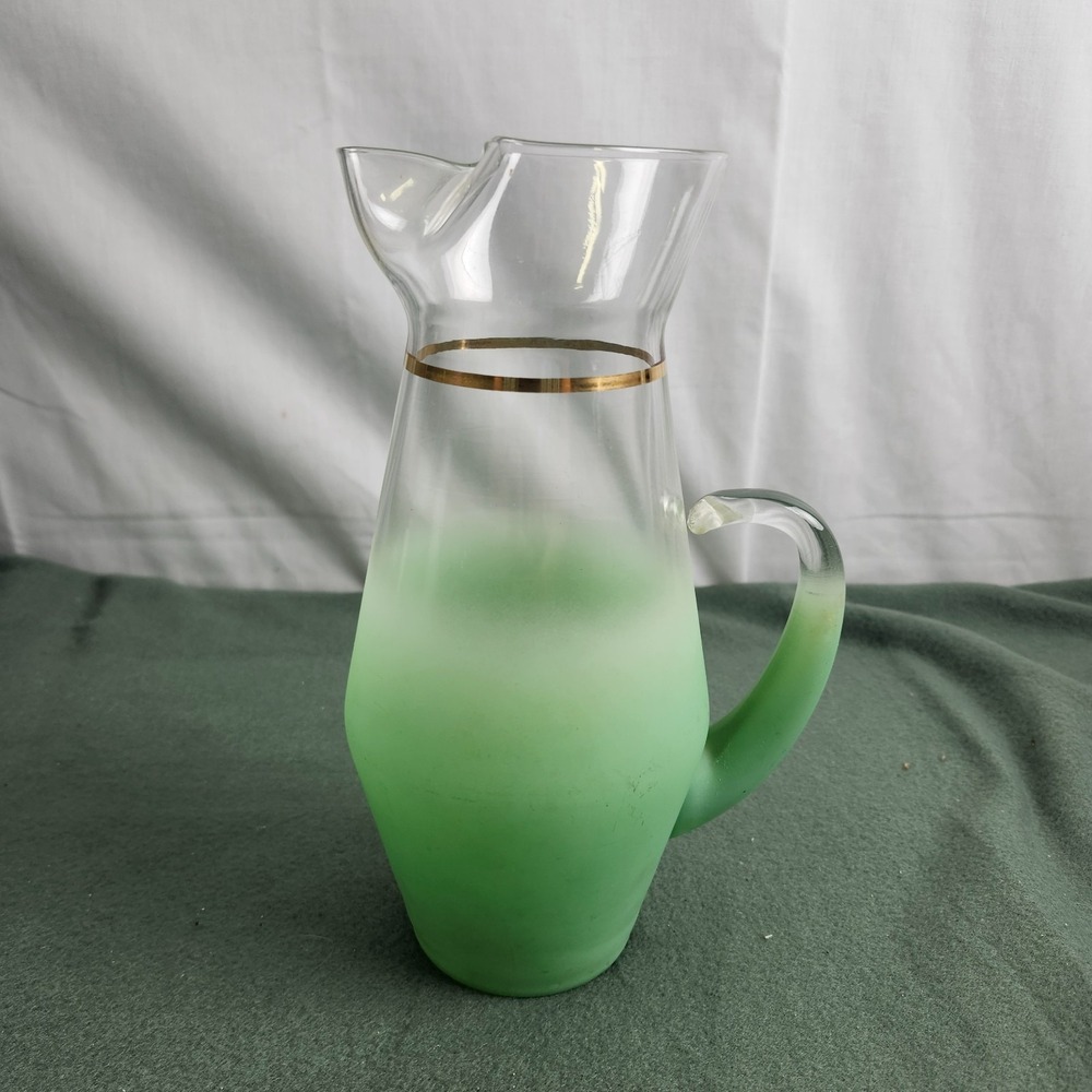 West Virginia Blendo Glass Pitcher Frosted Mint MCM Vintage 1950 Gold  Trim